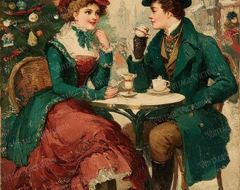 Vintage Victorian Couple in Christmas Café – Holiday Postcards – 4 JPG Digital Download