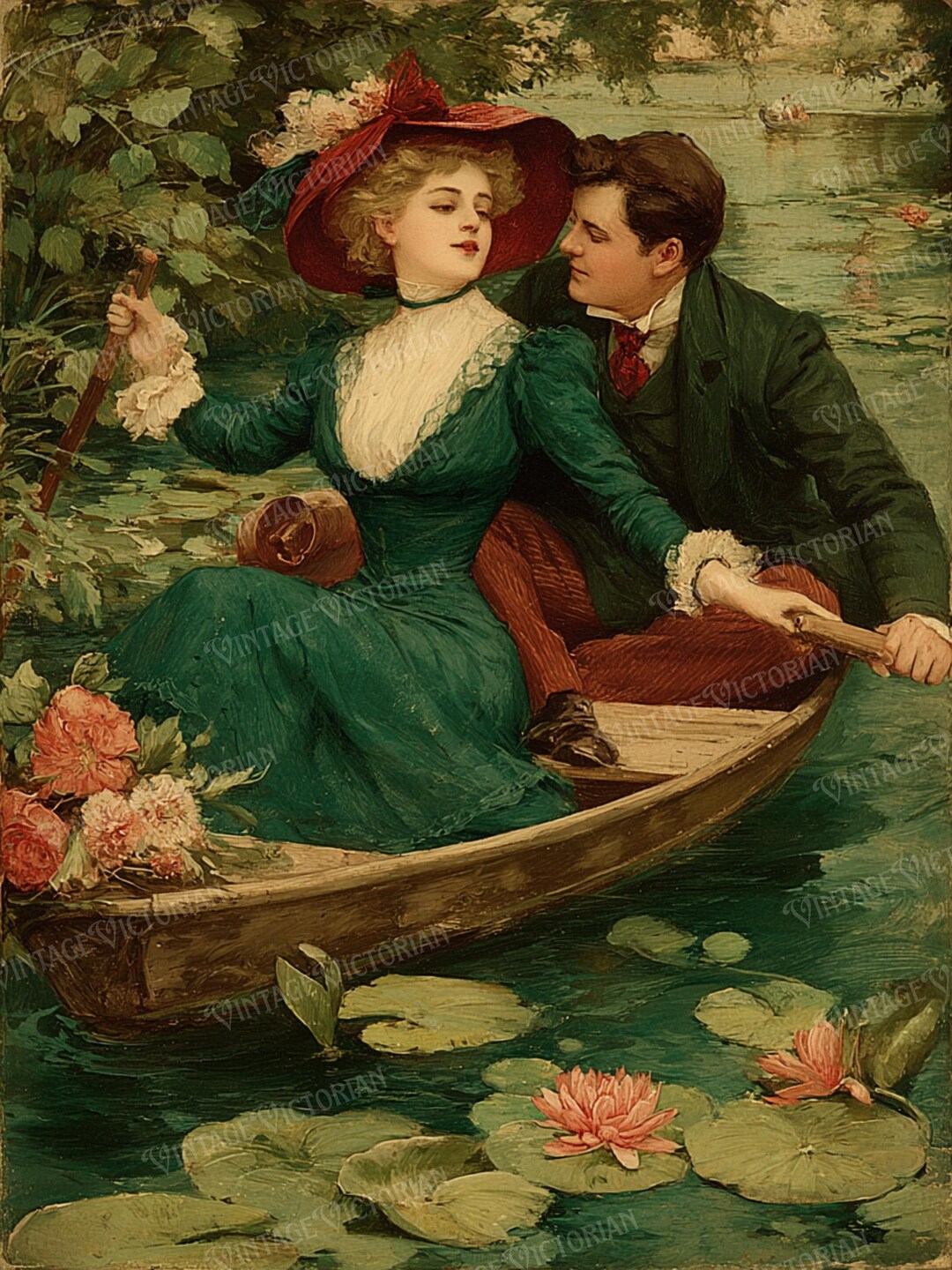 Romanatsy Jolly Boat Vintage Romantic Boat Postcards – Couple in Love on a Boat, Antique ...