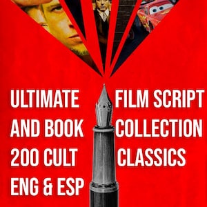 Puede incluir: Gráfico rojo con fotogramas de películas y texto. La imagen presenta una pluma estilográfica y las palabras "ULTIMATE AND BOOK COLLECTION 200 CULT CLASSICS ENG & ESP" y "FILM SCRIPT COLLECTION".