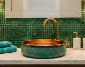 Handmade Copper Vessel Sink | Blue Teal Patina Hammered Basin | Rustic Moroccan Bathroom Decor
