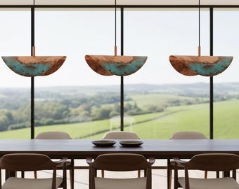 Lámpara colgante de cobre hecha a mano / Lámpara escultural con pátina verdigrís, decoración industrial marroquí