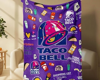 Taco Bell Themed Flannel Blanket, Bold Graphics, Tacos Drinks Sauce Packs, Cozy Sofa Lounging, Bedroom Naps Office Use Movie Nights