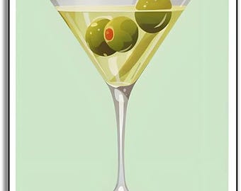 Dirty Martini Art Print, 8x12 inch Metal Tin Sign, Bar Cart Decor, Cocktail Art Poster, Mixology Gift, Watercolor Drink Poster