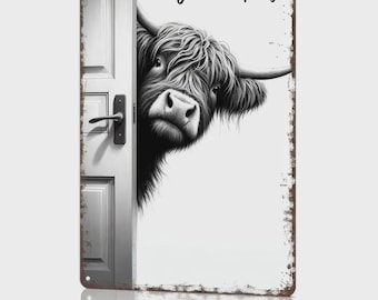 Vintage Highland Cow Aluminum Sign: Funny "Are You Pooping?" Black and White Bathroom Wall Decor for Western & Highland Cow Lovers 8 x 12 In