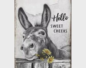8x12 inch donkey and sunflower metal wall art poster with 'Hello Sweet Cheeks' for bathroom or living room farmhouse style ideal gift