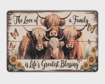 Highland Cow Family Love Farm Animals Tin Sign，Vintage Highland Cattle Metal Sign Print Aesthetic Room Decoration 8 X 12 Inch
