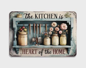 Rustic Kitchen Shelf with Flowers And Utensils Tin Sign， Vintage Farmhouse Kitchen Decor Metal Sign Print Aesthetic Room Decor 8 X 12