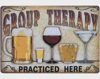Retro Tin Metal Sign Bar Cave Beer signs for Cafe Bar Pub Beer Club Wall Decor Group Therapy Practiced Here 12"x 8"