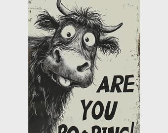 Vintage Highland Cow Bathroom Decor Sign – Black & White Funny “Are You Pooping?” Aluminum Wall Plaque, 8 x 12 Inch home living room