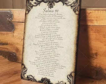 Vintage Spanish Psalm 91 Aluminum Wall Sign | 8x12" Ornate Religious Decor for Prayer Rooms & Holidays Home Inspirational Decor Prayer Room