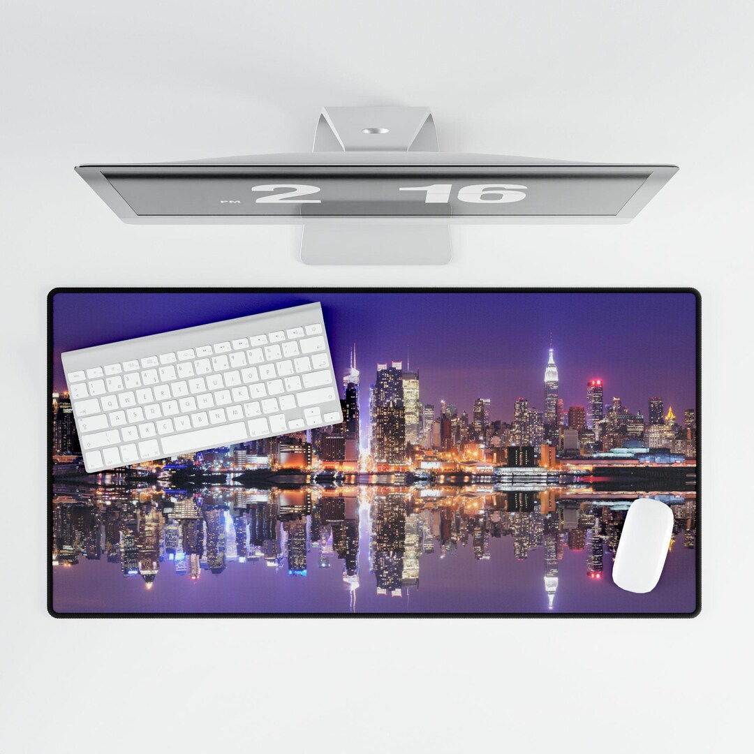 City Skyline Reflection Desk Mat | Nighttime New York Panorama - Etsy