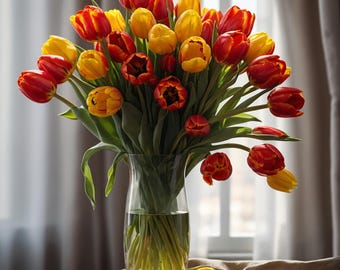 Bouquet of Red and Yellow Tulips | Warm and Realistic Tones | Indoor Ambience | Spring Vibes | Modern Floral Vase Print | Digital Download