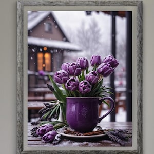 Purple Tulip & Lavender Winter Cafe Print | Cozy Floral Art (Digital Download)