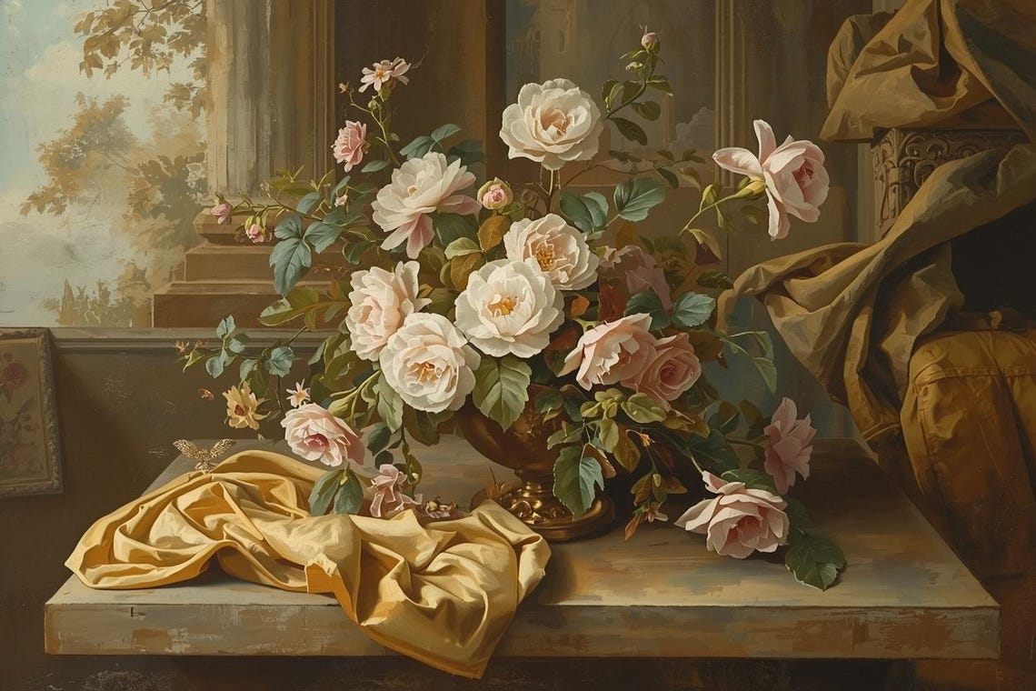 Roses Drawings Rococo Rococo Floral Still Life Oil Painting | Antique Roses & Drapery ...
