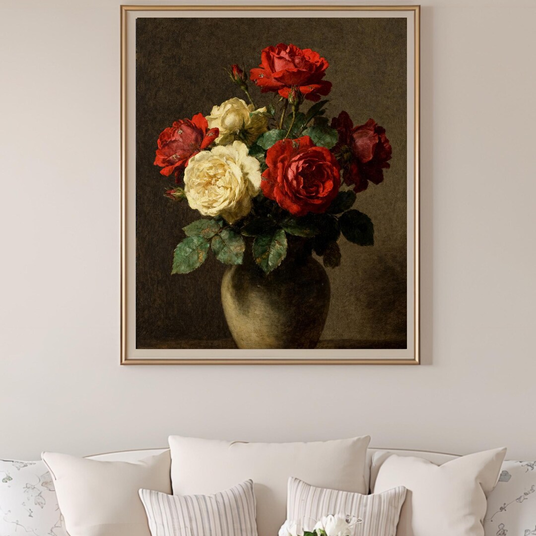 Red and Cream Rose Still Life Oil Painting | Vintage Flower Art ...