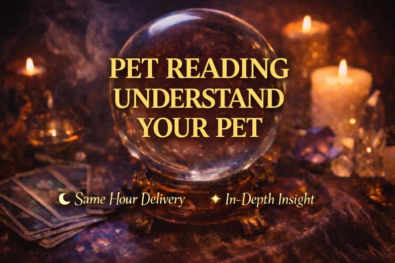 May include: A crystal ball on a decorative stand is the focal point of this image, with the text "PET READING UNDERSTAND YOUR PET" in gold lettering. Lit candles and tarot cards are in the background, creating a mystical atmosphere.