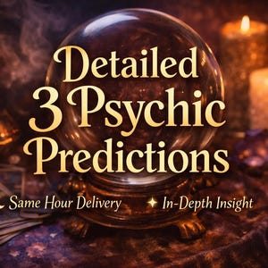 May include: An atmospheric image with a crystal ball and the words "Detailed 3 Psychic Predictions." The scene includes candles, tarot cards, and the phrases "Same Hour Delivery" and "In-Depth Insight."