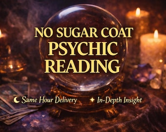 Op de afbeelding: Een kristallen bol met de tekst "NO SUGAR COAT PSYCHIC READING" in gouden letters. De afbeelding bevat brandende kaarsen, tarotkaarten en de zinnen "Same Hour Delivery" en "In-Depth Insight". De achtergrond is donker en sfeervol.