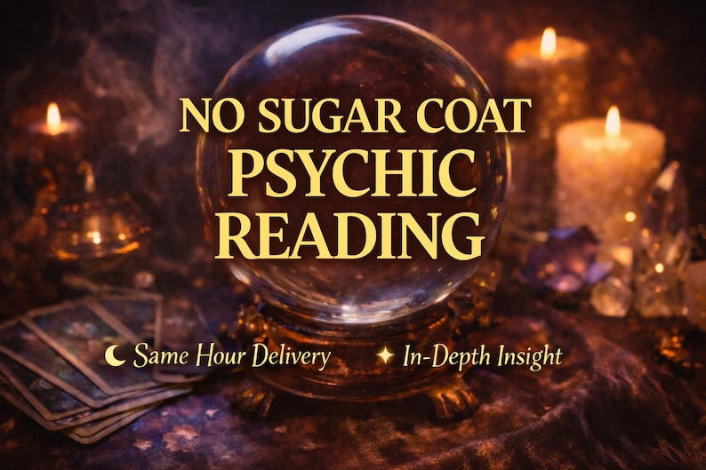 May include: A crystal ball with the text "NO SUGAR COAT PSYCHIC READING" in gold lettering. The image includes lit candles, tarot cards, and the phrases "Same Hour Delivery" and "In-Depth Insight". The background is dark and atmospheric.