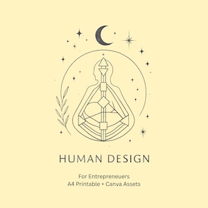 Puede incluir: Gráfico color crema con una ilustración de Diseño Humano, una luna creciente y estrellas. El texto dice "HUMAN DESIGN" y "For Entrepreneurs, A4 Printable + Canva Assets."