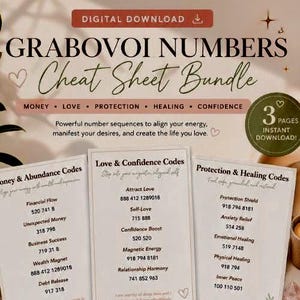 May include: Digital download of a Grabovoi Numbers Cheat Sheet Bundle. The bundle includes three pages with number sequences for money, love, protection, healing, and confidence. The image features text and a heart symbol.