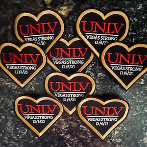 UNLV Strong 12/6/23 heart embroidered patch. Priced per each patch Made in America