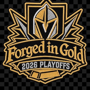 May include: An embroidered patch featuring a stylized knight helmet in gold and silver, centered above a banner with the text "Forged in Gold" and "2026 PLAYOFFS" in gold and silver thread, with a gold ingot graphic at the bottom edge.