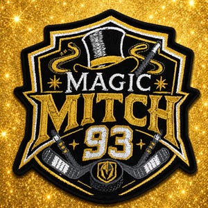 May include: A black, gold, and white patch with the words "MAGIC MITCH 93" in gold lettering. The patch features a top hat, hockey sticks, and a hockey puck. The background is a sparkling gold.