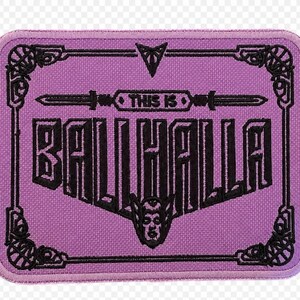 May include: A rectangular embroidered patch with a lavender background and black stitching. It features a decorative border, a sword icon, and the text THIS IS BALLHALLA in a bold font, with a small stylized face icon centered at the bottom.