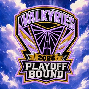 May include: An embroidered patch featuring the text VALKYRIES at the top and 2026 PLAYOFF BOUND at the bottom. The design includes a central black triangle with radiating lines and a sword icon, accented in purple, gold, and white against a blue sky.