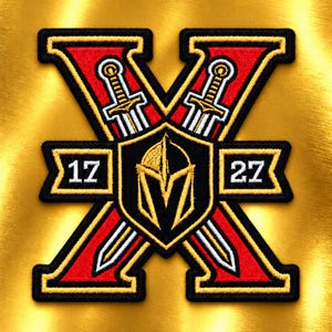 May include: An embroidered patch featuring a large red letter X with gold borders. Two crossed silver swords are positioned behind a central black shield displaying a gold knight helmet. Two black banners on the sides contain the white numbers 17 and 27.