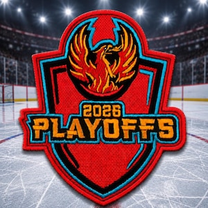 May include: A red, black, and blue embroidered patch with the text "2026 PLAYOFFS". The patch features a phoenix design in orange and yellow. The patch is in the shape of a shield, set against a hockey rink background.