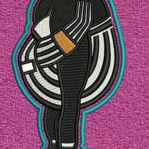 May include: Embroidered patch featuring a stylized ice skater in black and white with orange and teal accents. The skater is in a dynamic pose, set against a textured pink background. Ideal for jackets, bags, or other fabric items.