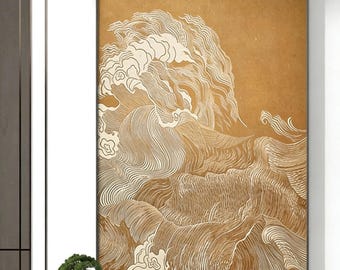 Gold Cloud Wave Line Art, Japandi Style Abstract Canvas Painting, Minimalist Oriental Wall Decor