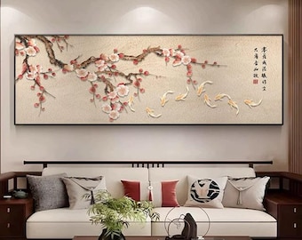 Stampa artistica floreale giapponese moderna, fiore di prugno con uccelli, grande decorazione da parete orizzontale, sfondo beige neutro, elegante decorazione per la casa