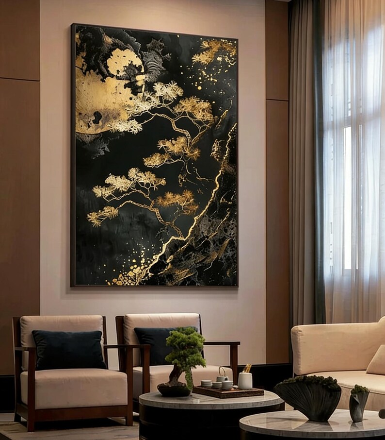 Black and Gold Pine Tree Art Print, Luxury Oriental Wall Decor for ...