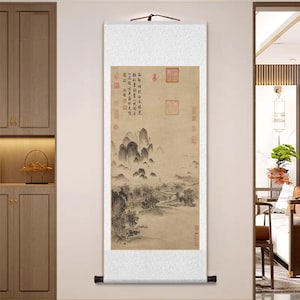 Mountains Calm Japandi Scrolled Art, Oriental Landscape painting, Extra Large Wall Art, Museum Quality Masterpiece Replica Giclee Silk Print
