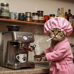 May include: A tabby cat wearing a pink robe and shower cap, smoking a cigarette while making coffee with a stainless steel espresso machine. A white mug with a black paw print sits below the machine.