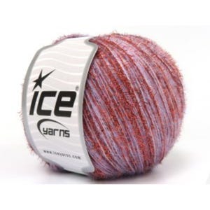 May include: A ball of Ice Yarns brand yarn. The yarn is a blend of red, purple, and silver colors. The label on the yarn ball features the brand name "Ice Yarns" in black and white.