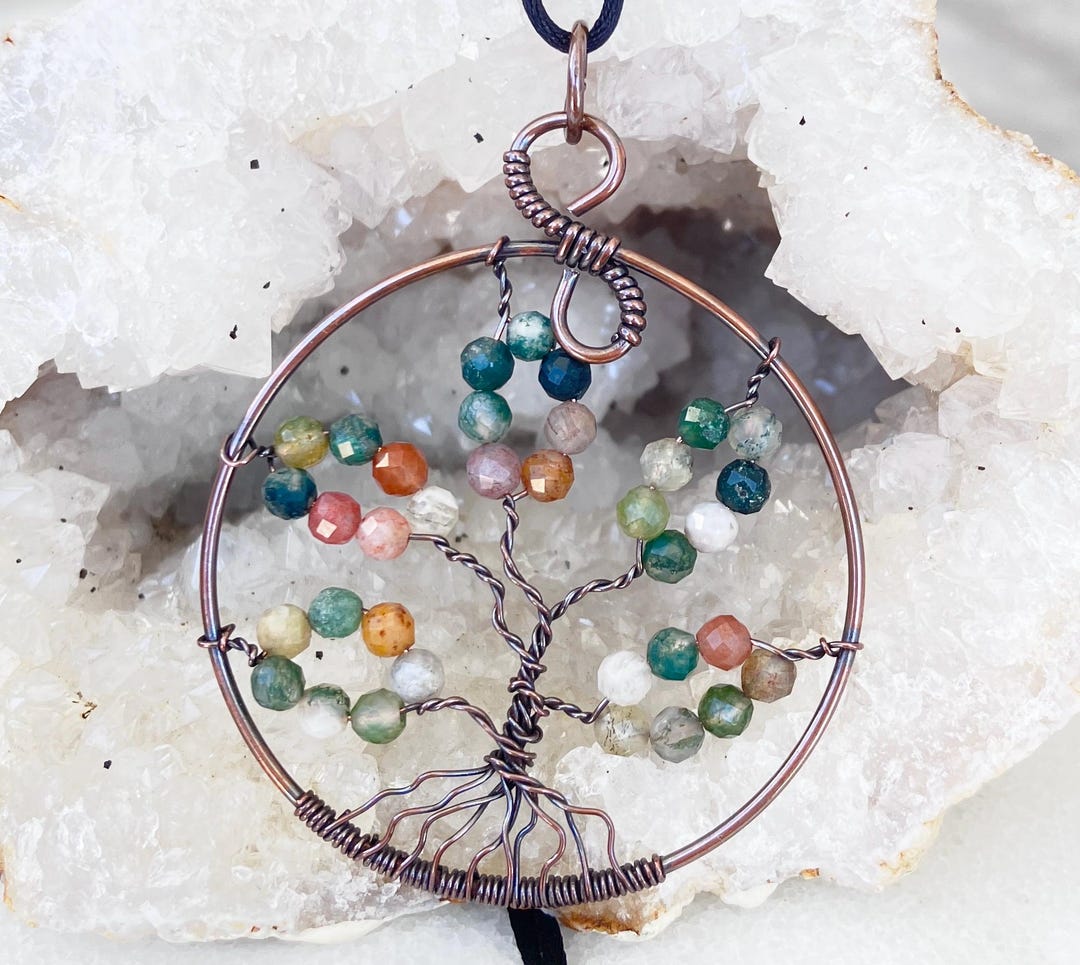 Antiqued Copper Indian Agate Tree of Life Pendant, Faceted Gemstone ...