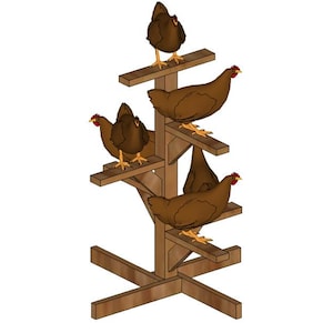 May include: An illustration of a chicken roosting tree with six chickens perched on wooden platforms. The image includes the text "CHICKEN ROOSTING TREE" and "BUILD INSTRUCTIONS". The Ironwood Homestead logo is also present.