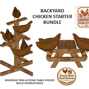 Kit básico para gallinas de traspatio: Árbol para perchas + Comedero con mesa de picnic / Muebles para gallinas de bricolaje