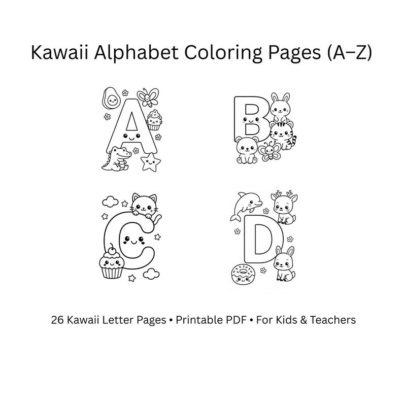 Kawaii Alphabet Coloring Pages A–Z | Cute Letters for Kids | Printable ...