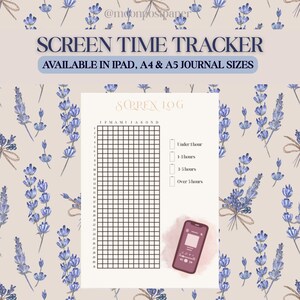 Puede incluir: Un diario de seguimiento del tiempo de pantalla con un fondo de patrón floral de lavanda. El diario incluye una cuadrícula para rastrear el tiempo de pantalla diario, con opciones para iPad, A4 y A5. El texto en el diario dice "SCREEN TIME TRACKER" y "AVAILABLE IN IPAD, A4 & A5 JOURNAL SIZES."