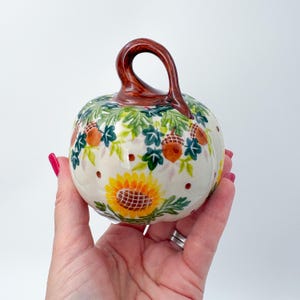Pumpkin Mini 3.5"  Hand crafted Polish pottery stoneware: UNIKAT Sunflower and Acorn