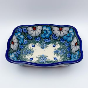 8” Rectangular Fala Baker Handmade in Poland.  UNIKAT Forget Me Not Pansy