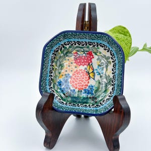 4” Square Bowl.  Hand crafted Polish pottery stoneware:   Unikat Butterfly Garden Pattern