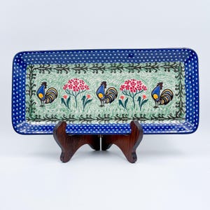 13" Platter  Hand crafted Polish pottery stoneware: UNIKAT Rooster Dance Design.