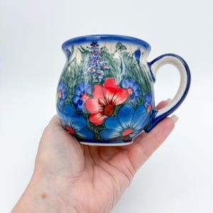 10 oz Bubble Mug. Handcrafted Polish pottery stoneware:  UNIKAT Forget Me Not Pansy set