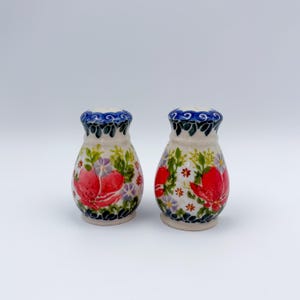 3” Salt and Pepper Shakers Olimp.  Handmade Polish pottery.  UNIKAT Scarlet Blossoms